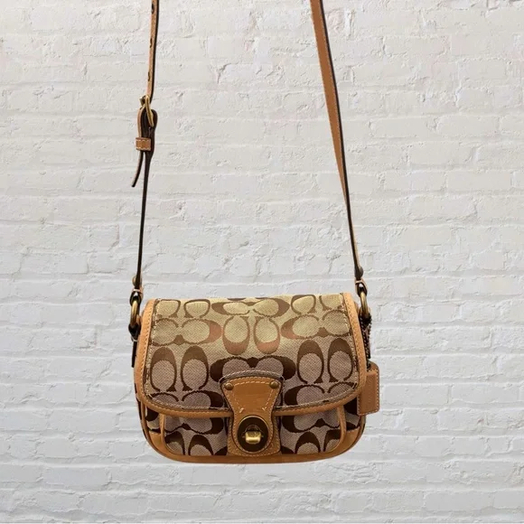 Y2K Coach Brown Signature Canvas Turn Lock Crossbody Bag - Picture 2 of 7